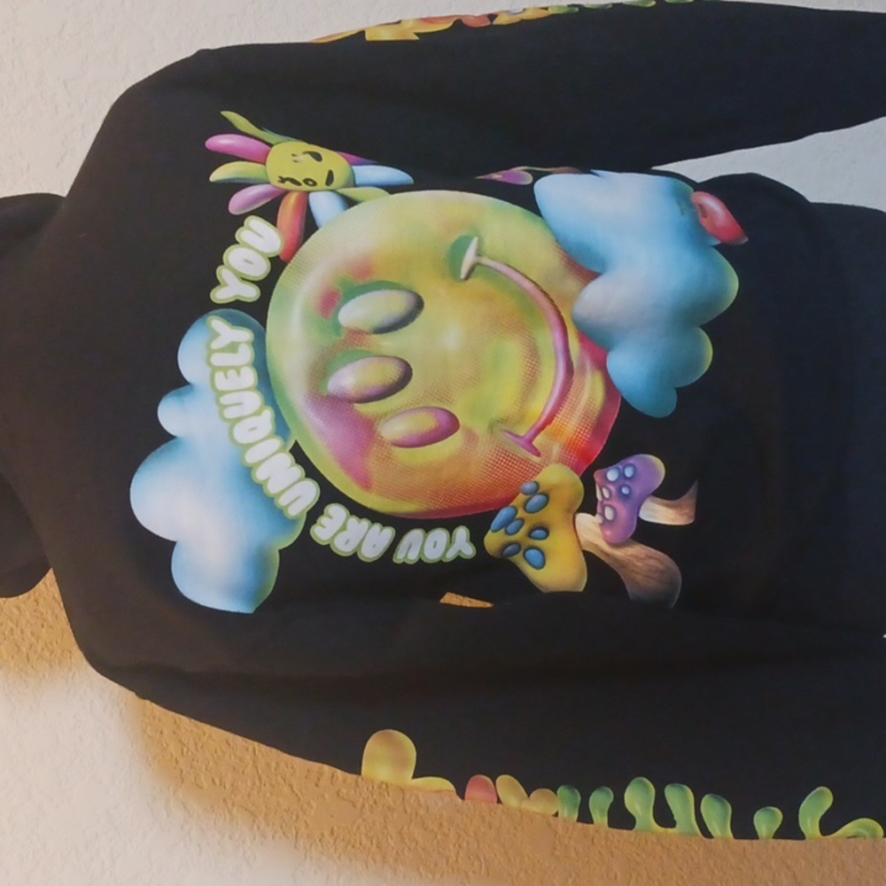 EDC Black Graphic Hoodie with Colorful Sleeves Size Small - Picture 6 of 11